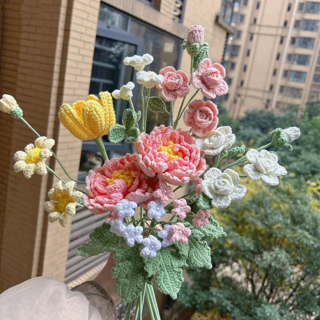 Luxury Crochet Flower Bouquet – Knitted Peony, Tulip & Rose for Wedding & Valentine's Day