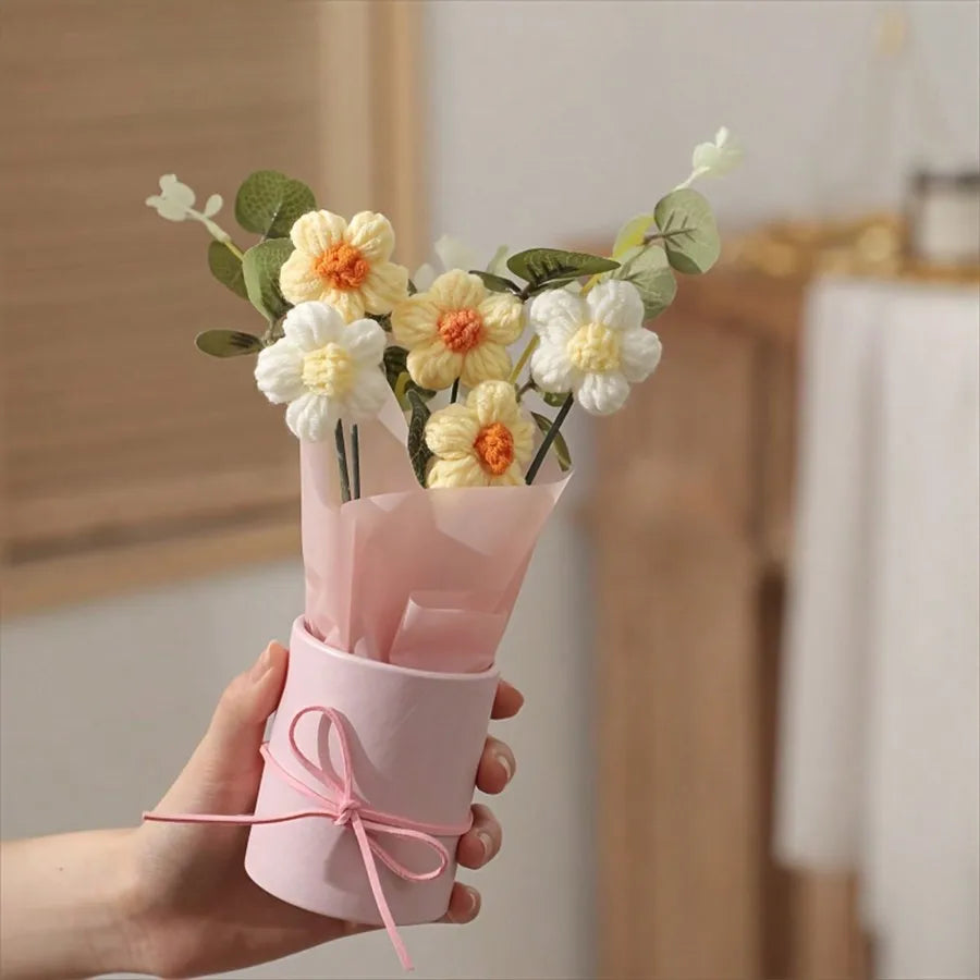 Yellow Crochet Daisy Bouquet – Handmade Wool Flower Gift