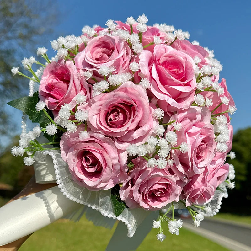 Deep Pink Rose & Baby's Breath Bridal Bouquet