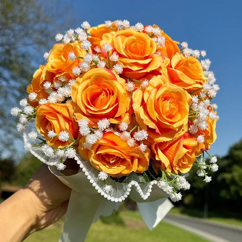 Orange Rose & Baby's Breath Bridal Bouquet