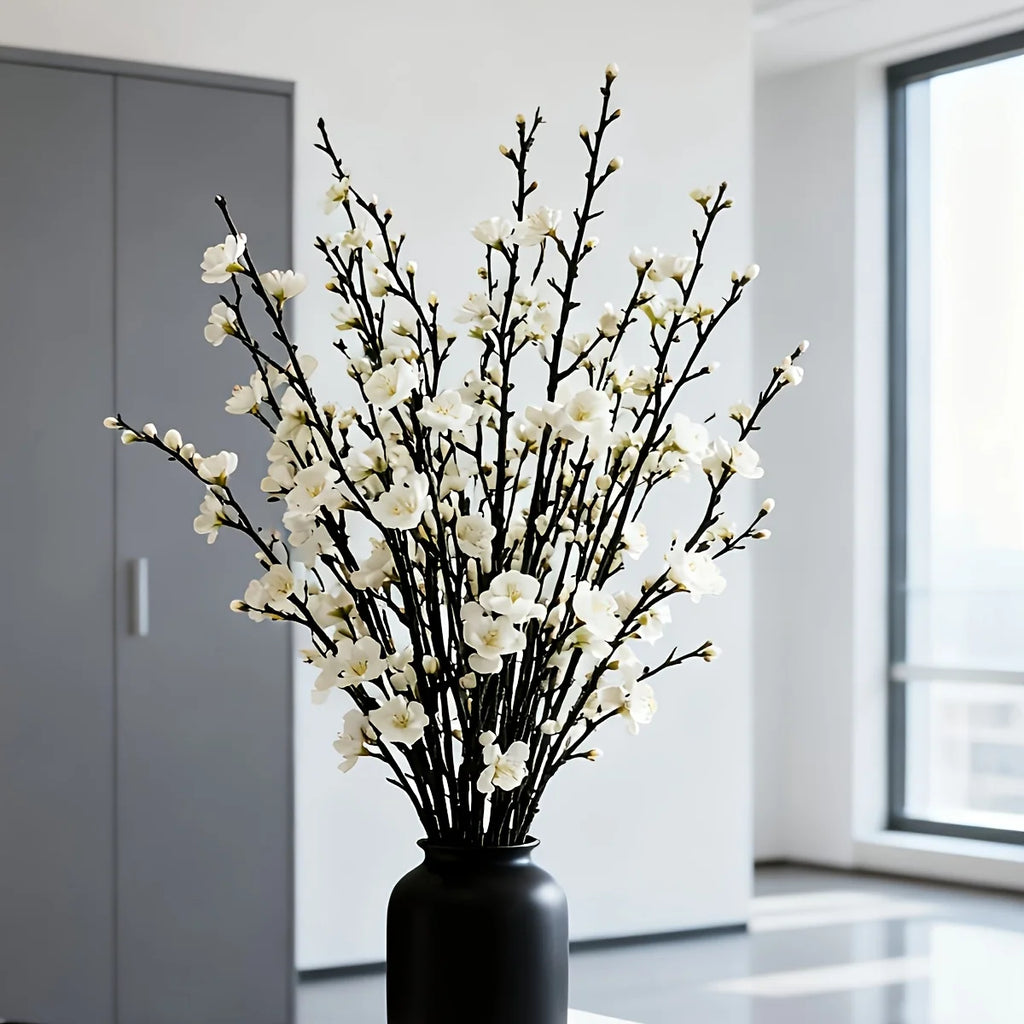 White Plum Blossom Branch – Faux Flowering Stems for Home & Wedding Decor (5pcs)