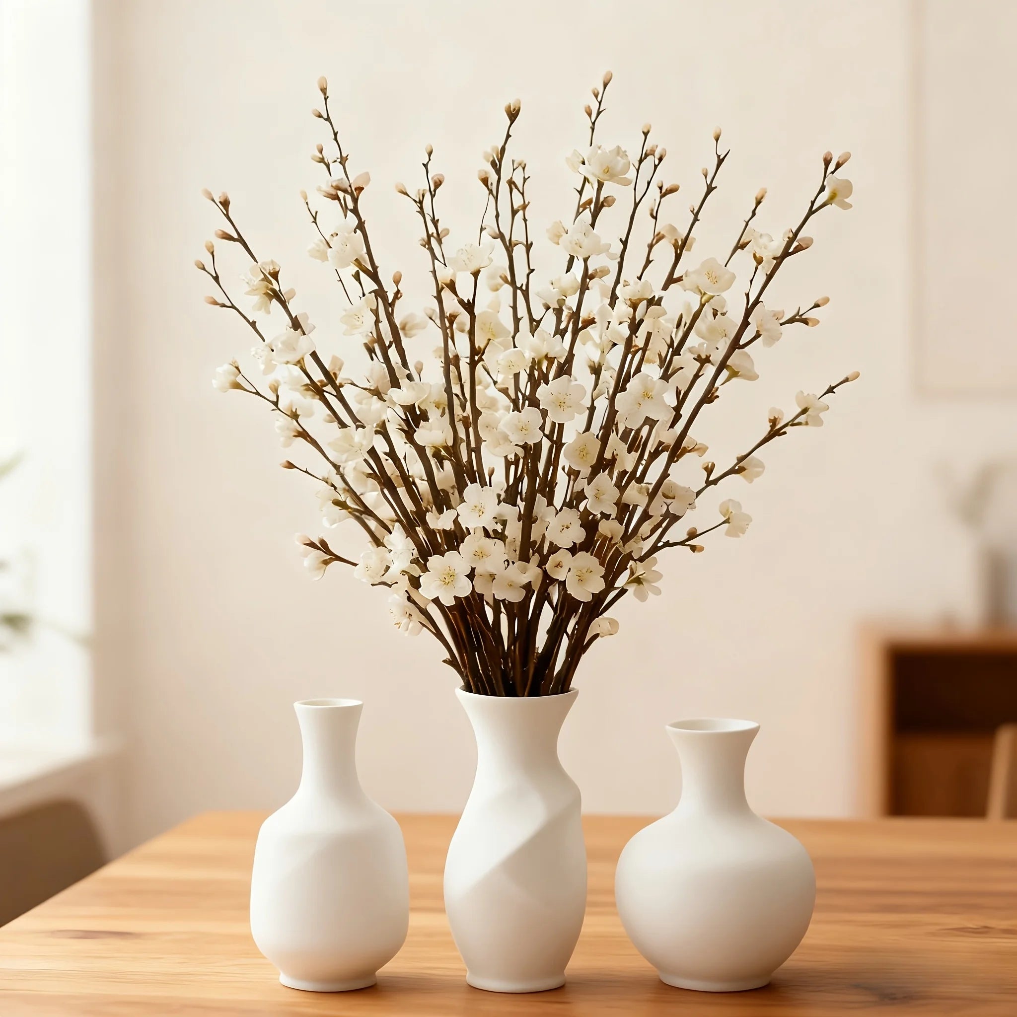 White Plum Blossom Branch – Faux Flowering Stems for Home & Wedding Decor (5pcs)