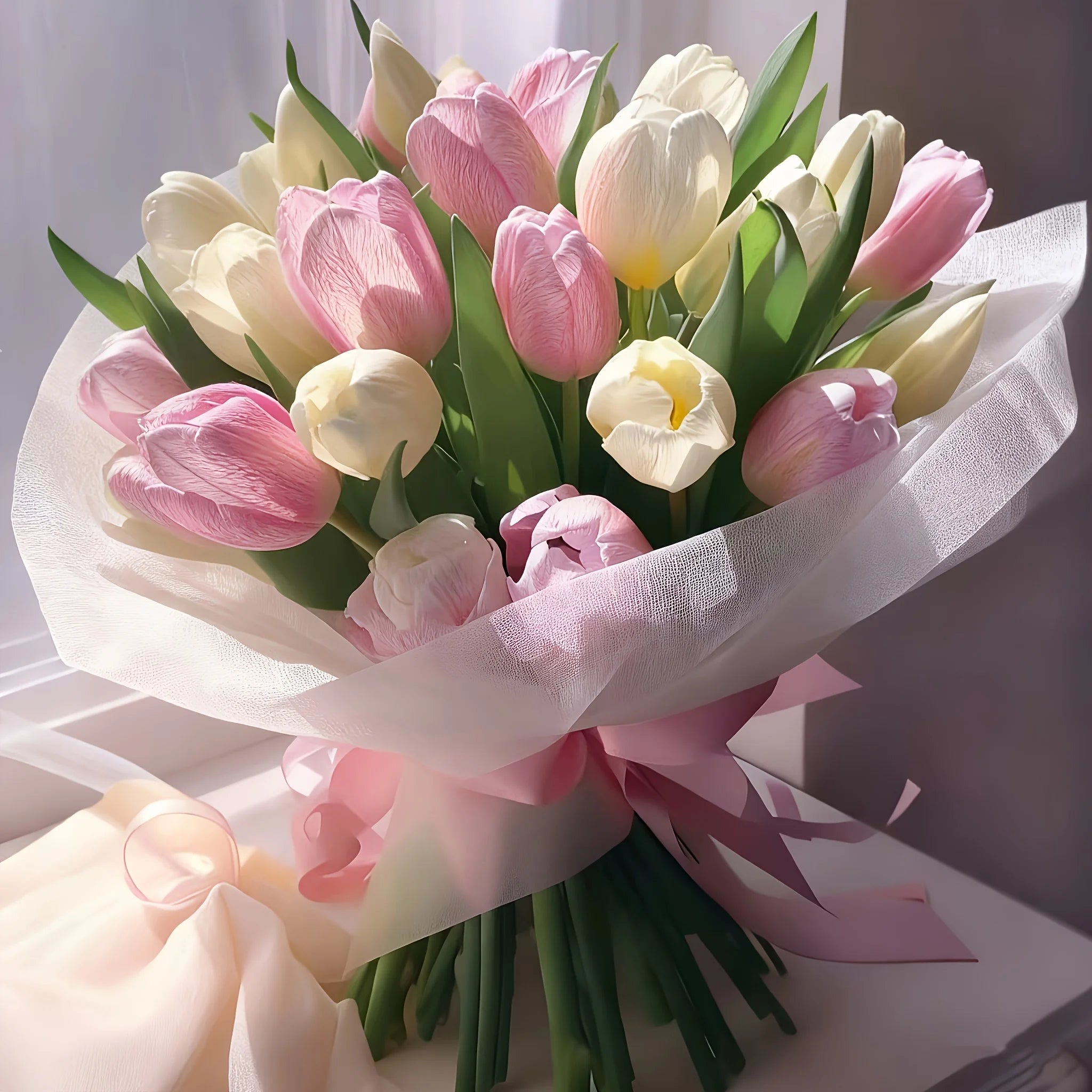 Cream & Pink Faux Tulip Bouquet | Set of 12 | Home & Wedding Decor