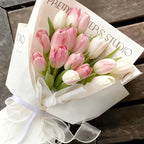 Cream & Pink Faux Tulip Bouquet | Set of 12 | Home & Wedding Decor