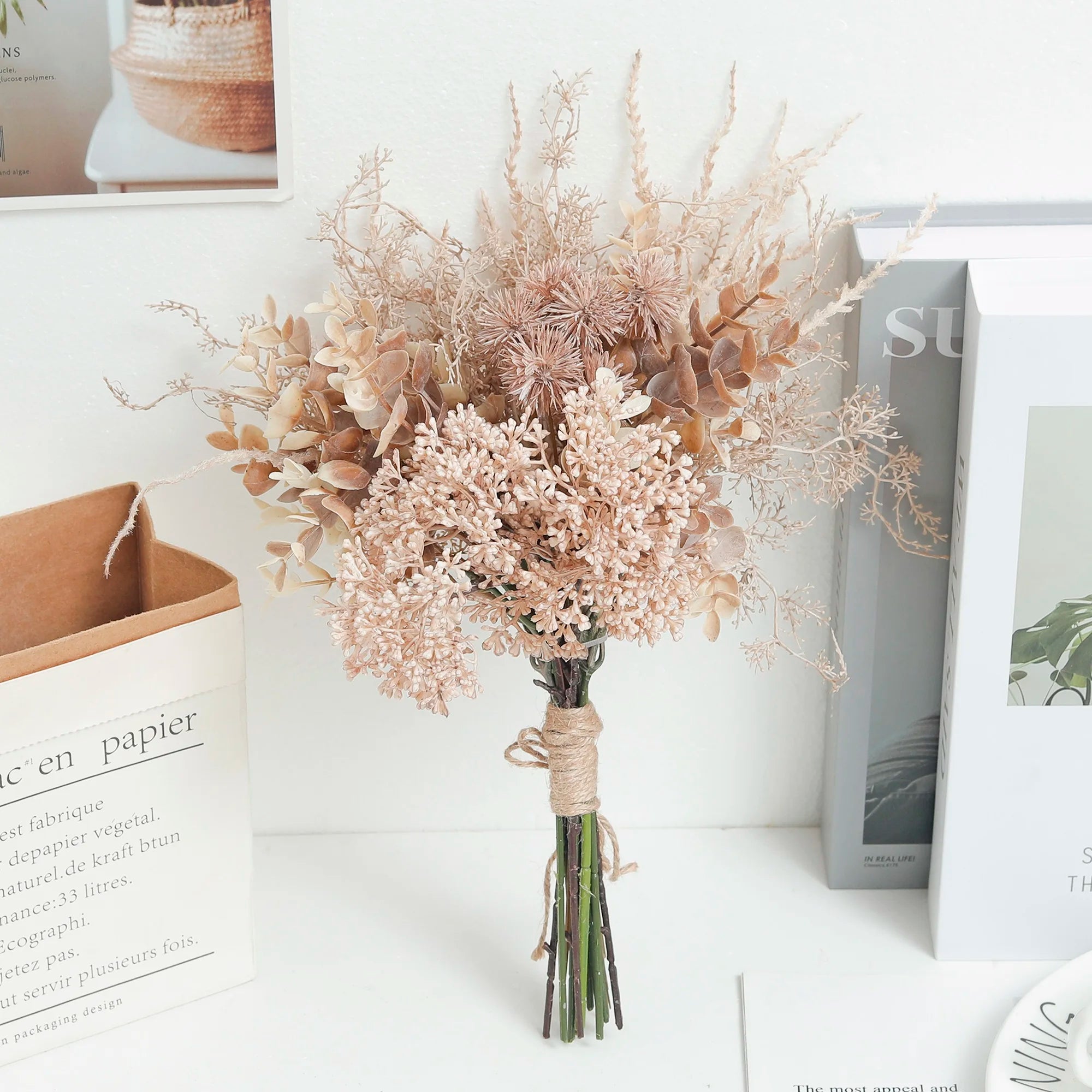 Boho Dried-Look Mixed Bouquet – Eucalyptus & Wildflower Faux Arrangement for Home & Wedding