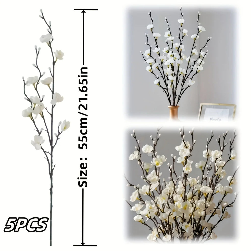 White Plum Blossom Branch – Faux Flowering Stems for Home & Wedding Decor (5pcs)