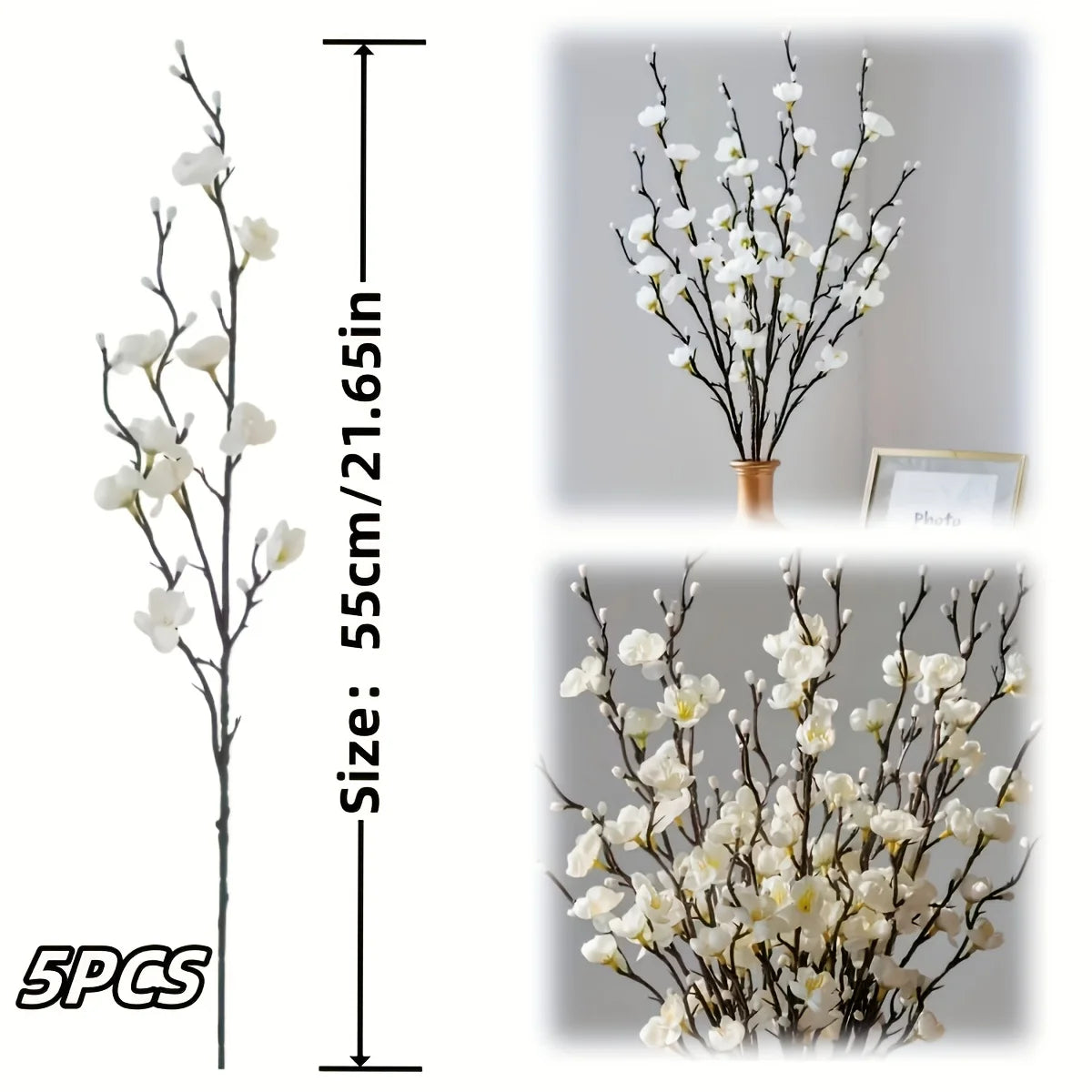 White Plum Blossom Branch – Faux Flowering Stems for Home & Wedding Decor (5pcs)
