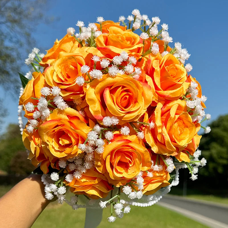 Orange Rose & Baby's Breath Bridal Bouquet
