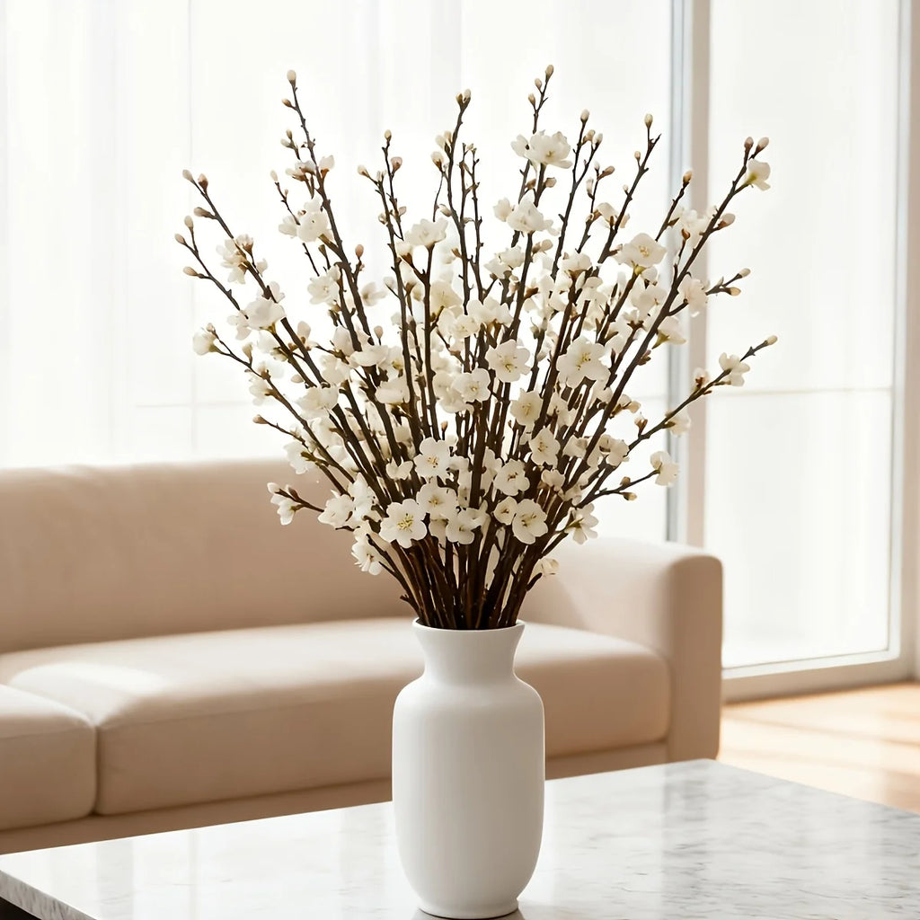 White Plum Blossom Branch – Faux Flowering Stems for Home & Wedding Decor (5pcs)
