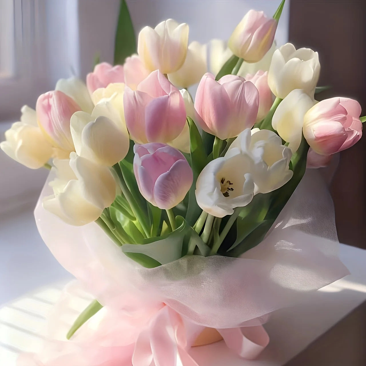 Cream & Pink Faux Tulip Bouquet | Set of 12 | Home & Wedding Decor