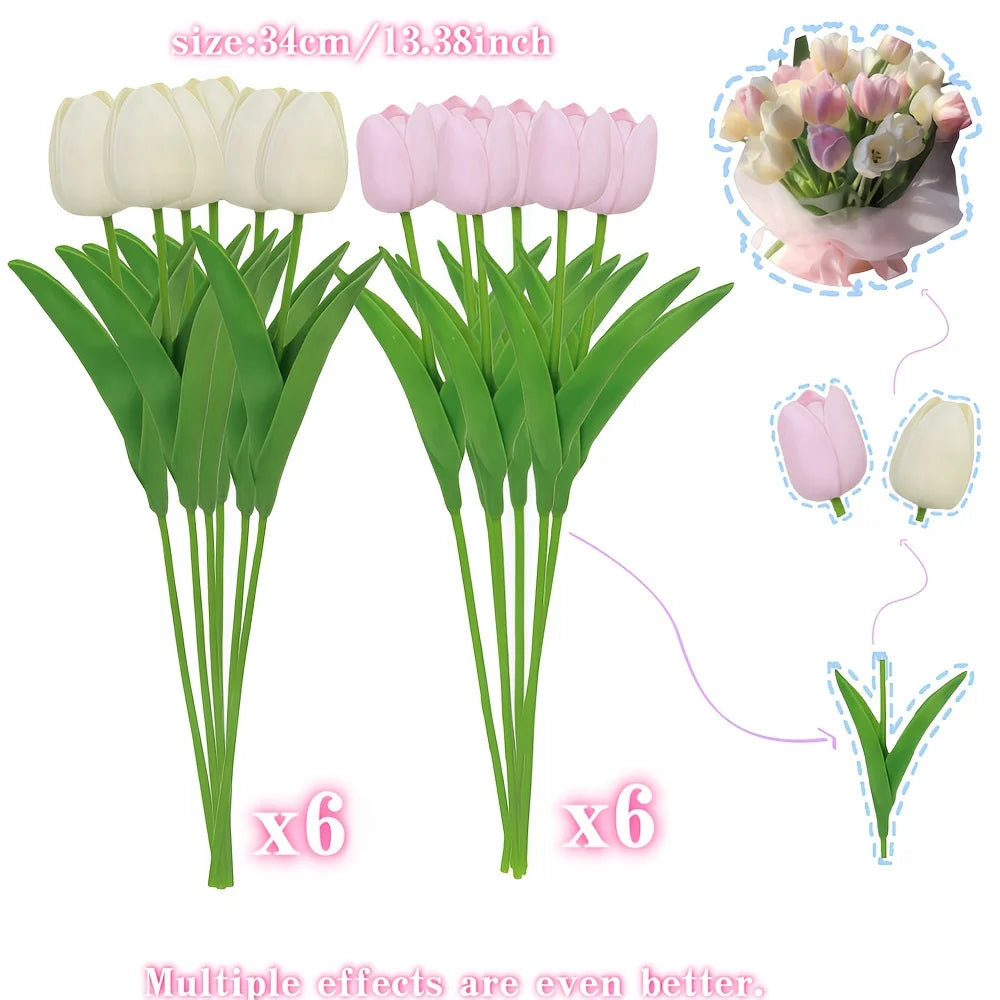 Cream & Pink Faux Tulip Bouquet | Set of 12 | Home & Wedding Decor