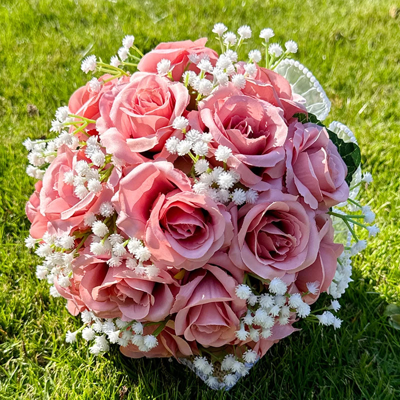 Deep Pink Rose & Baby's Breath Bridal Bouquet