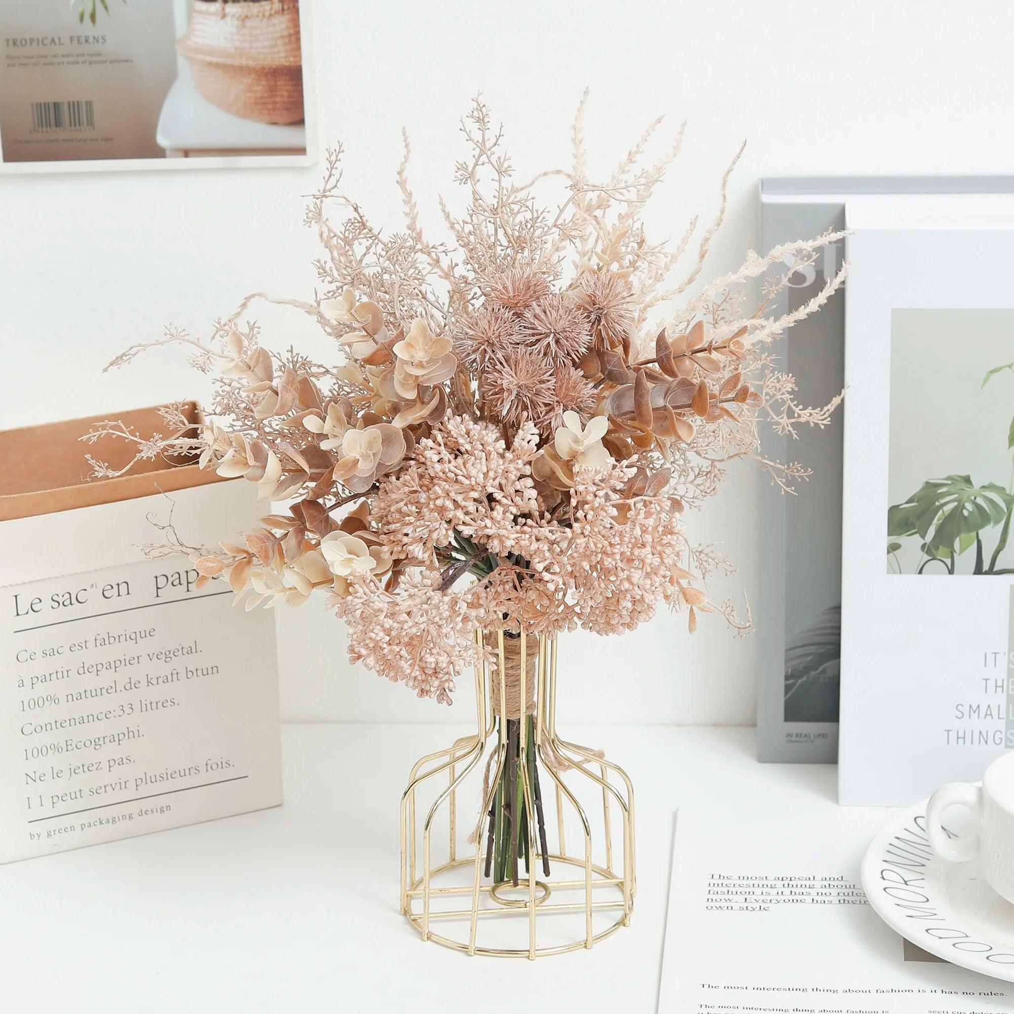 Boho Dried-Look Mixed Bouquet – Eucalyptus & Wildflower Faux Arrangement for Home & Wedding